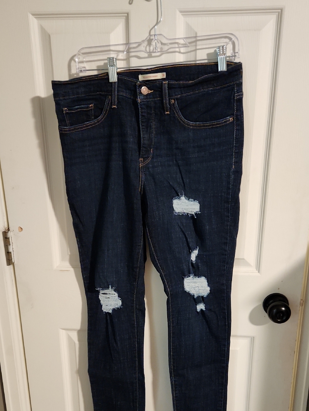 Dark Blue Distressed Skinny Jeans - Women's Stretch Denim